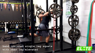 Band Resisted Single Leg Squats w Rear Leg Elevated