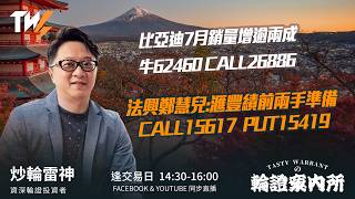 比亞迪7月銷量增逾兩成 牛62460 CALL26886 法興鄭慧兒:滙豐績前兩手準備 CALL15617  PUT15419  ｜雷神 Lino｜Tasty Warrants 2026-08-03