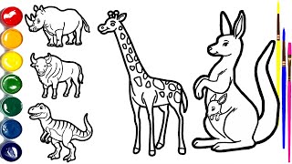 How to Draw 5 Animals for Kids 🦏🐃🦖🦒🦘 Easy Drawing Tutorial