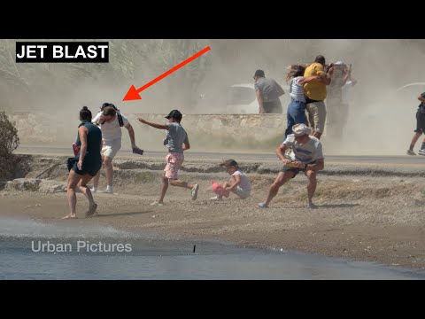 Family with kids BLOWN into the sea by jet blast at Skiathos Airport