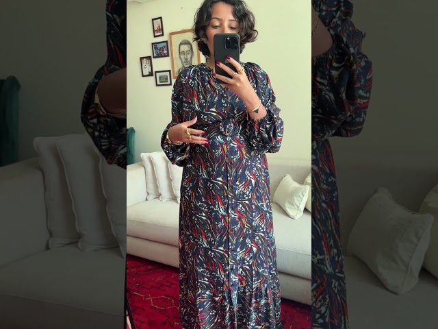 فستان ملمس قطني ازرق و نقش احمر طويل 2025