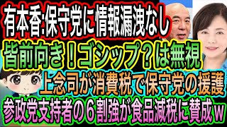 【日本保守党】に情報漏洩なし！有本香が打ち返し！ゴシップは無視で／上念司が消費税で保守党の擁護w／参政党支持者の6割強が食品減税賛成w