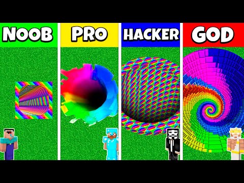 Minecraft Battle: NOOB vs PRO vs HACKER vs GOD: RAINBOW TUNNEL PIT HOUSE BUILD CHALLENGE / Animation