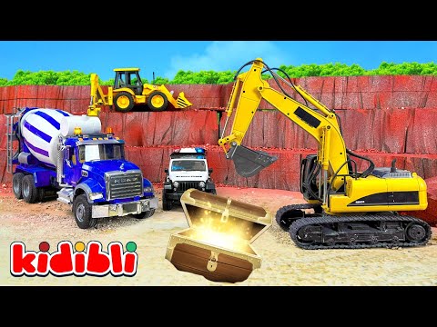 Bau-Spielzeug findet einen Schatz 💎🚧 Betonmischer, Bagger, Kipplaster, Fahrzeug für Kinder | Kidibli