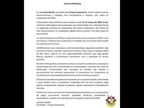 ELEIÇÕES CERIS 2026 COM VOCÊS CANDIDATO LAURINDO DEDÉ POR MEIO DE NOTA OFICIAL