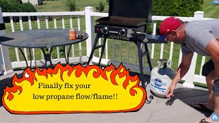 Getting low propane flow?  Reset your propane regulator on grill/griddle.