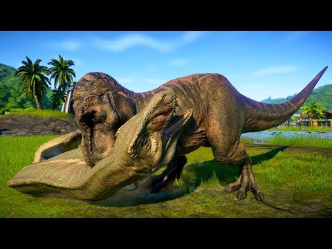 T-Rex Vs Albertosaurus Vs Acrocanthosaurus Breakout and Fight - Jurassic World Evolution