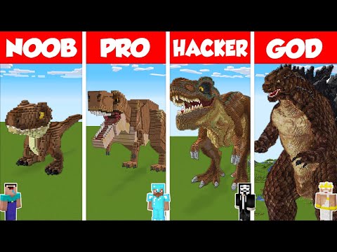 WiederDude - Minecraft T-REX vs GODZILLA STATUE HOUSE BUILD CHALLENGE - NOOB vs PRO vs HACKER vs GOD / Animation