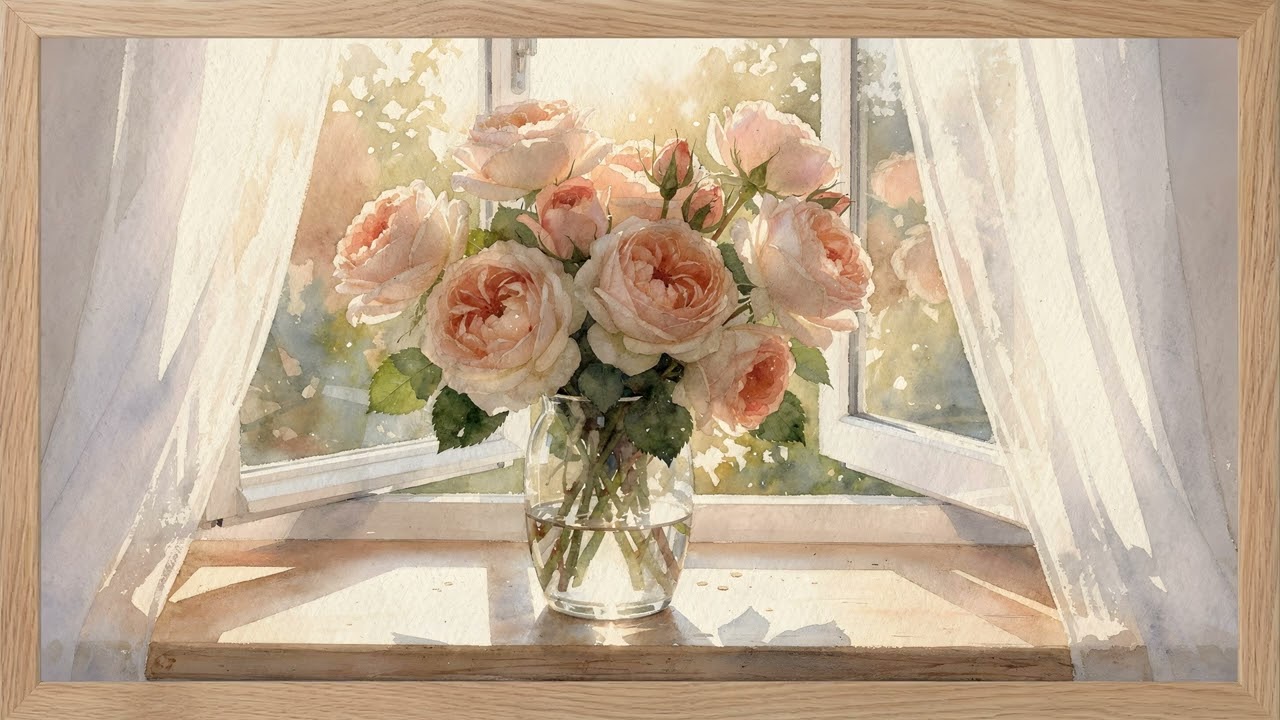 Vintage Watercolor Roses by the Window 🌿 Soft Romantic Art Wood Frame | 4K Frame TV 2 Hours — 4K ambient art screensaver in baroque gold frame