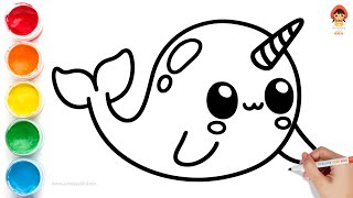 How to Draw Cute Rainbow Narwhal, Step by Step Easy to Follow Drawing for Kids and Toddlers