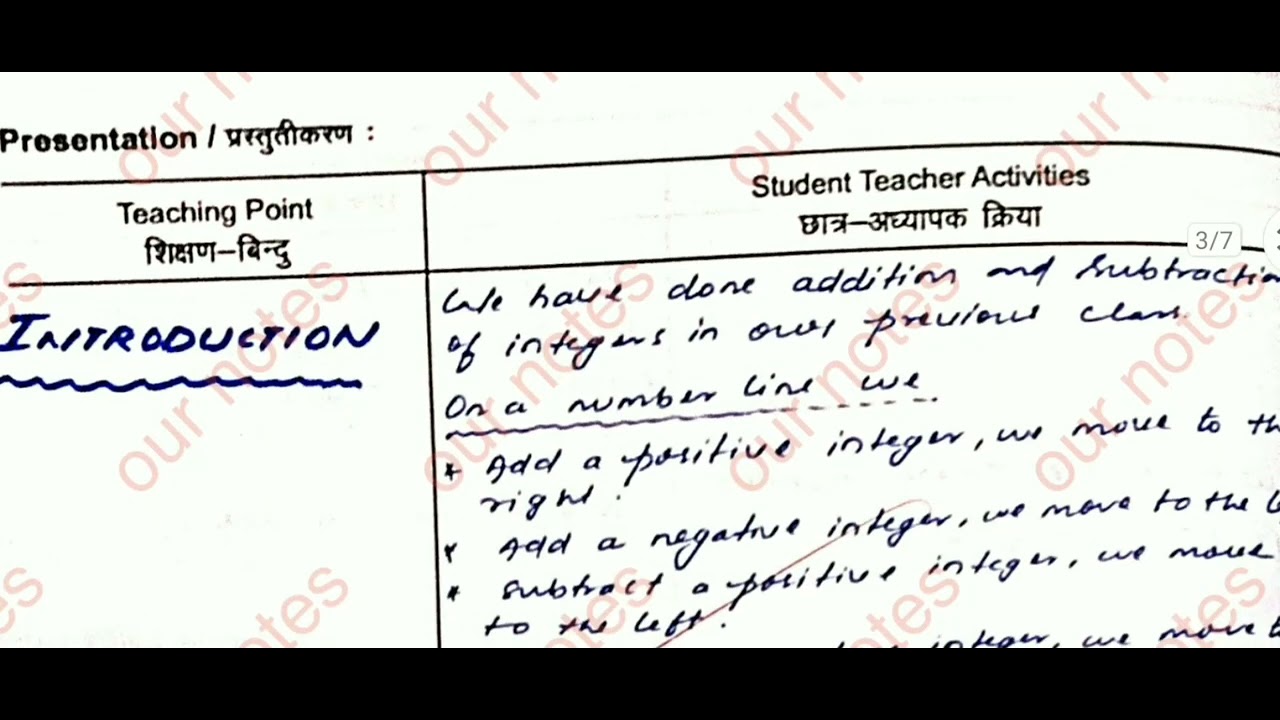 class 7 Maths lesson plan ( integer) in english