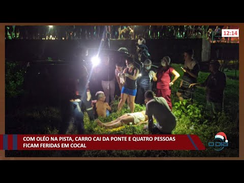Carro desliza em óleo na pista, cai da ponte e quatro pessoas ficam feridas em Cocal 01 12 2021