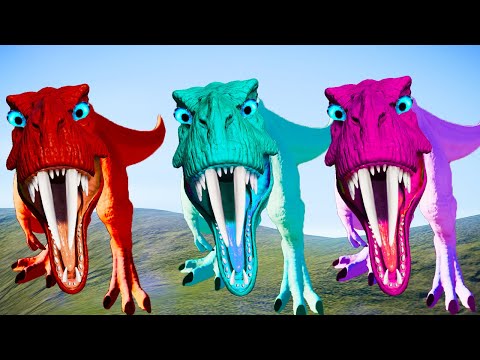 Team Rexy Color Pack vs Allosaurus, Spinosaurus, I-Rex Jurassic World Evolution Dinosaurs Fighting