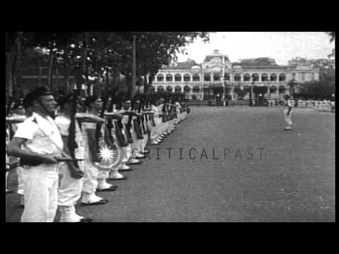 Admiral Thierry d'Argenlieu escorts French Overseas Minister, Marius Moutet, on r...HD Stock Footage