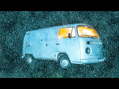 Van Camping in Heavy Rain by a Lake - Camping in Rain and Fog