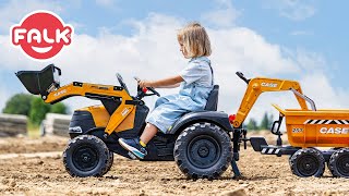 Falk Tractor a pedales 997Y Case CE con cargador frontal y remolque amarillo