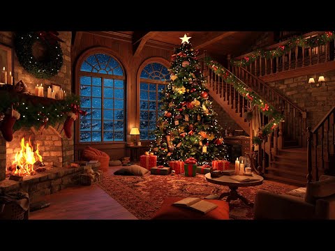 Nostalgic Christmas Music 2025 | Christmas Ambience w/ Snow Sounds | Crackling Fireplace
