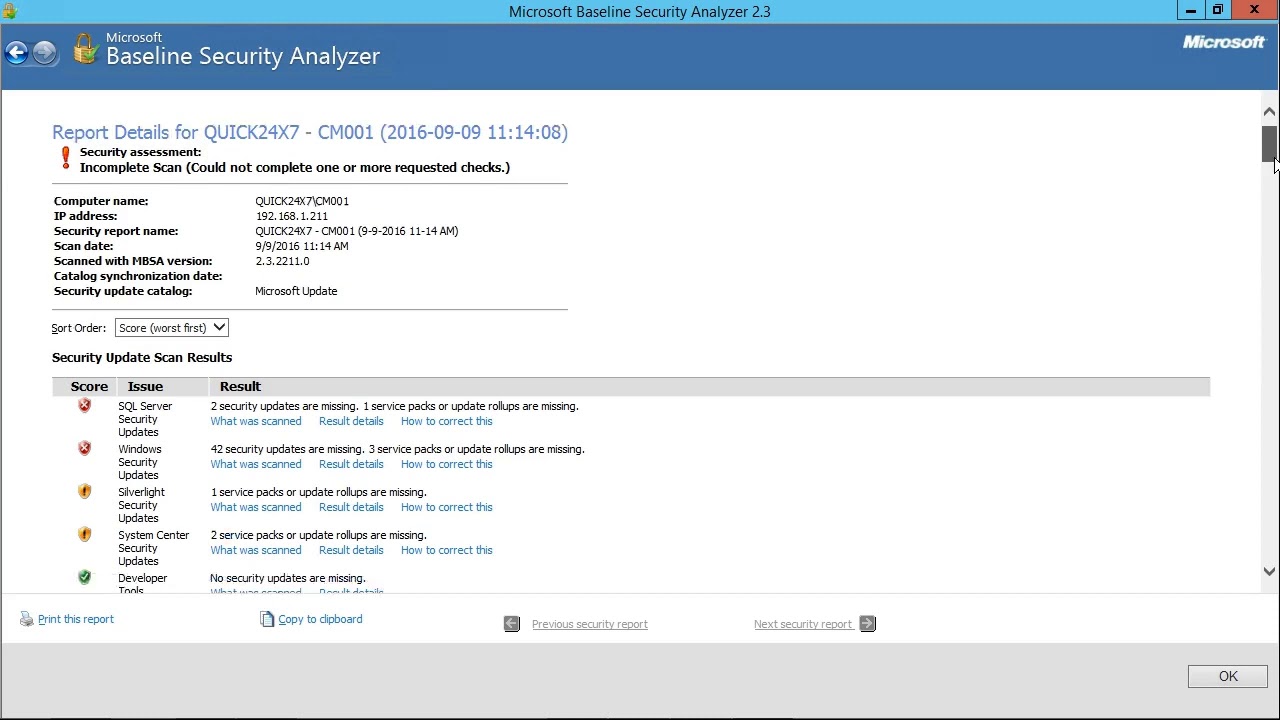 Scan for Vulnerabilities using Microsoft Baseline Security Analyzer