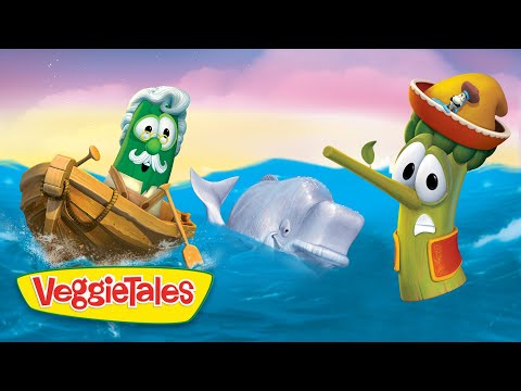 VeggieTales cartoon: a green vegetable captain in a wooden boat at sea with a whale and a celery figure on the right wearing a hat.