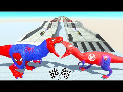 SPIDERMAN T-REX vs SPIDERMAN CARCHARODONTOSAURUS RACE BATTLE COMPETITION - ARBS