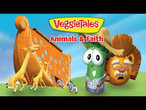 VeggieTales Animals & Faith cover with a green veggie character beside a large wooden ark, giraffes and zebras in a sunny field.