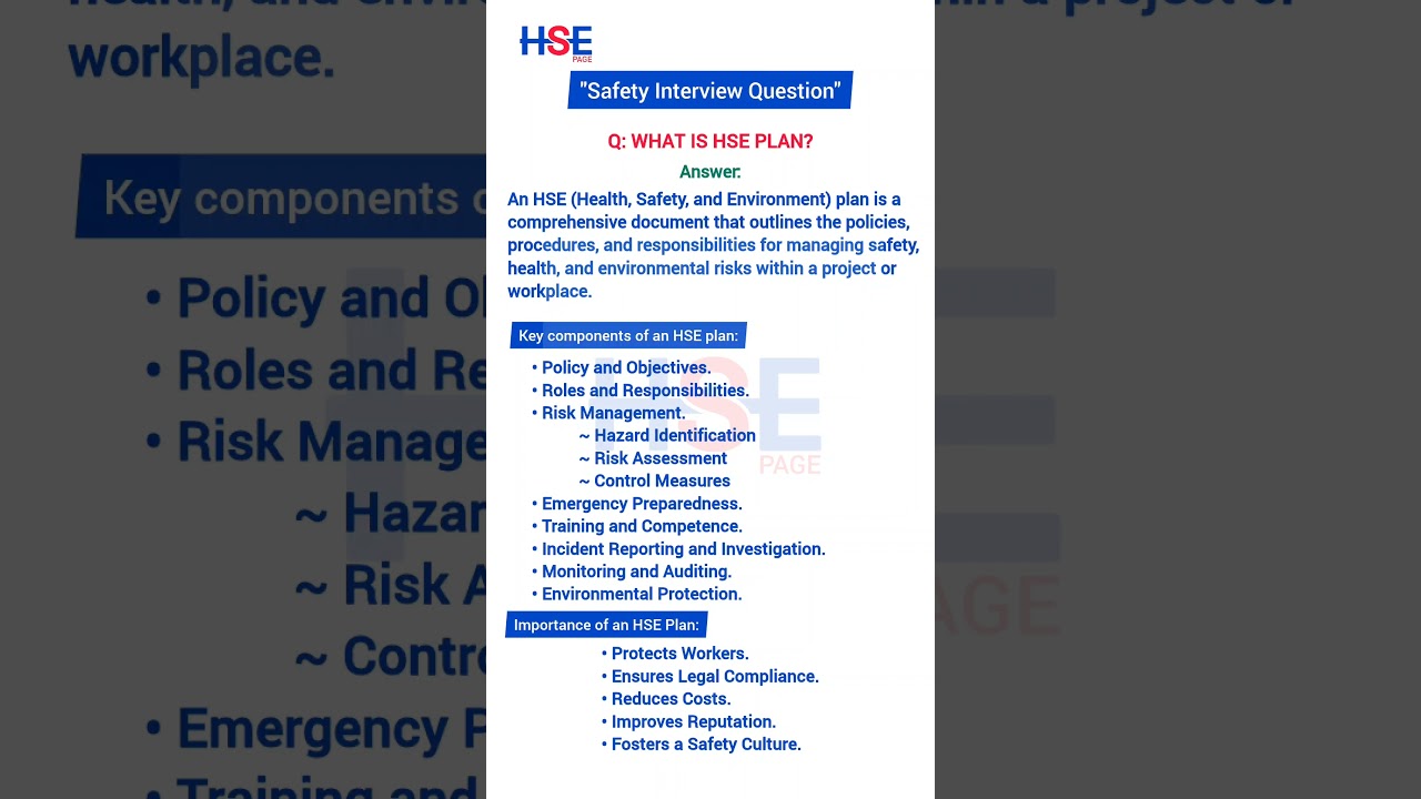 What is HSE Plan In Safety | HSE Plan Steps | Safety Interview | NEBOSH | #HSEpage HSE
