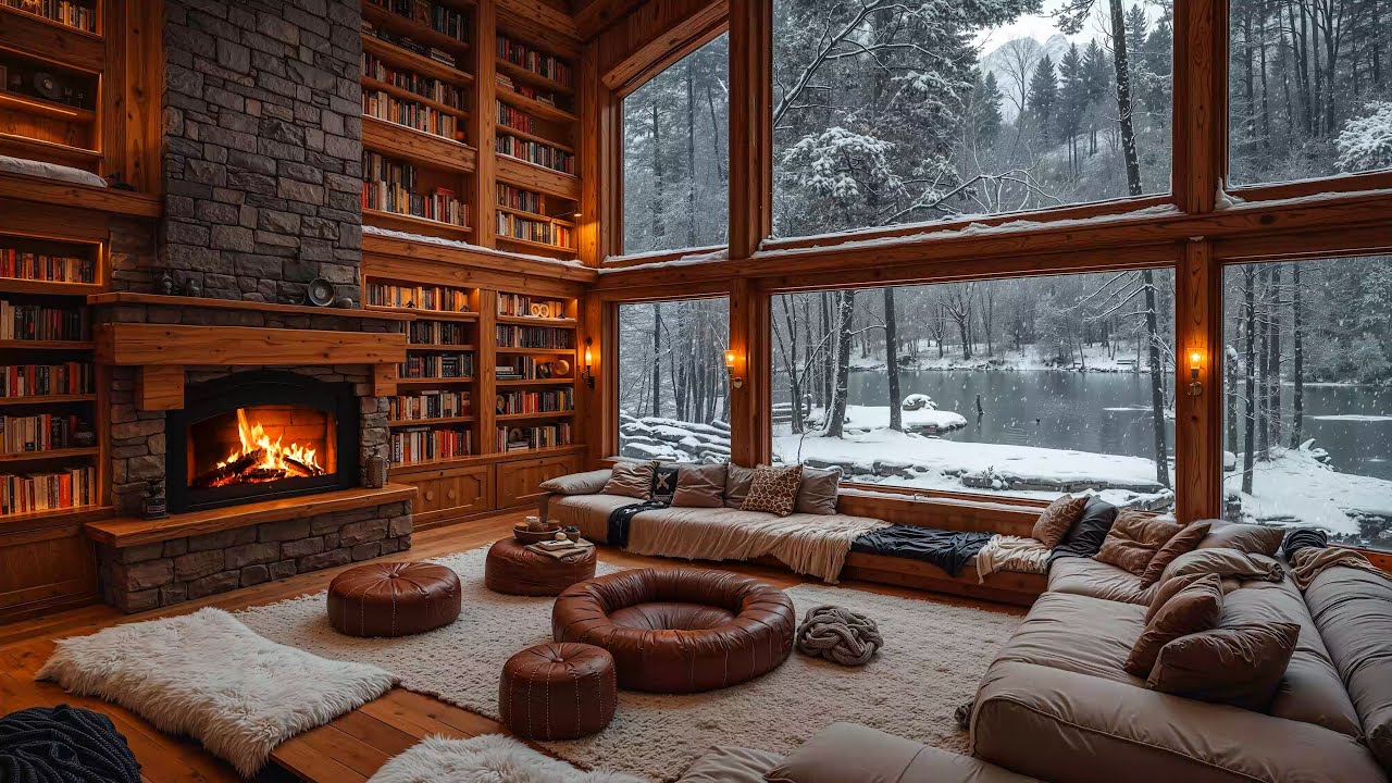 Peaceful Snowfall Day at Cozy Forest Cabin Ambience ❄️ Jazz Relaxing Music for Studying, Working