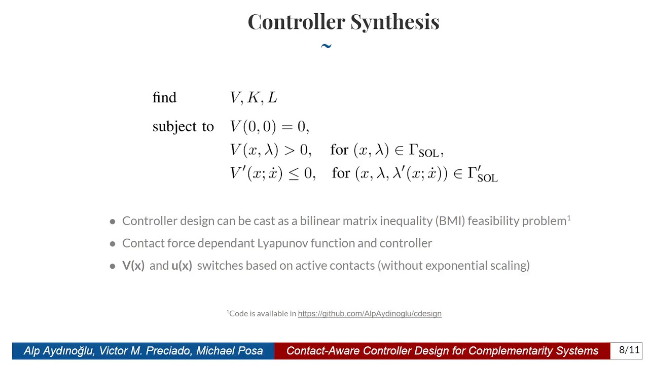 Contact-Aware Controller Design for Complementarity Systems