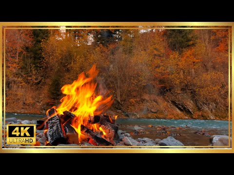 4K Autumn Campfire by the River -2H of Crackling Fire Sounds & Serene Nature Ambience for Relaxation