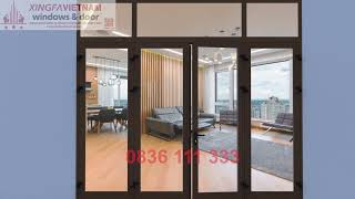 Cửa đi mở quay 4 cánh nhôm Xingfa Quảng Đông tem đỏ màu nâu cafe bản lề 3D