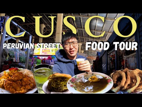 PERUVIAN 🇵🇪 STREET FOOD TOUR - Pan Con Pollo, Milanesa, Picarones, Sugar Cane Juice🍹 in Cusco, Peru!