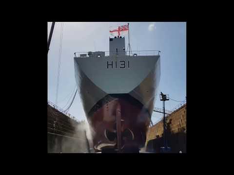 HMS Scott being transferred into dry dock in Falmouth