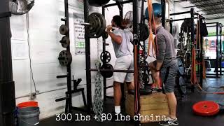 College Football Athlete Squatting 300 lbs + 80 lbs Chains