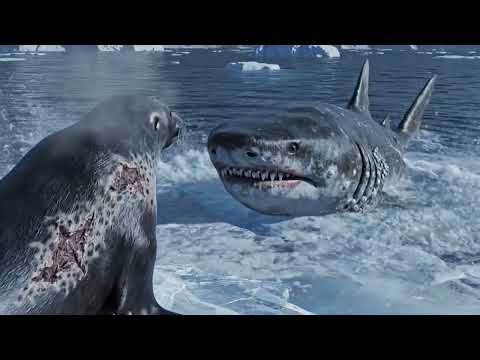 Zamarznięty foka i rekin grenlandzki w błękitnych lodowych głębinach