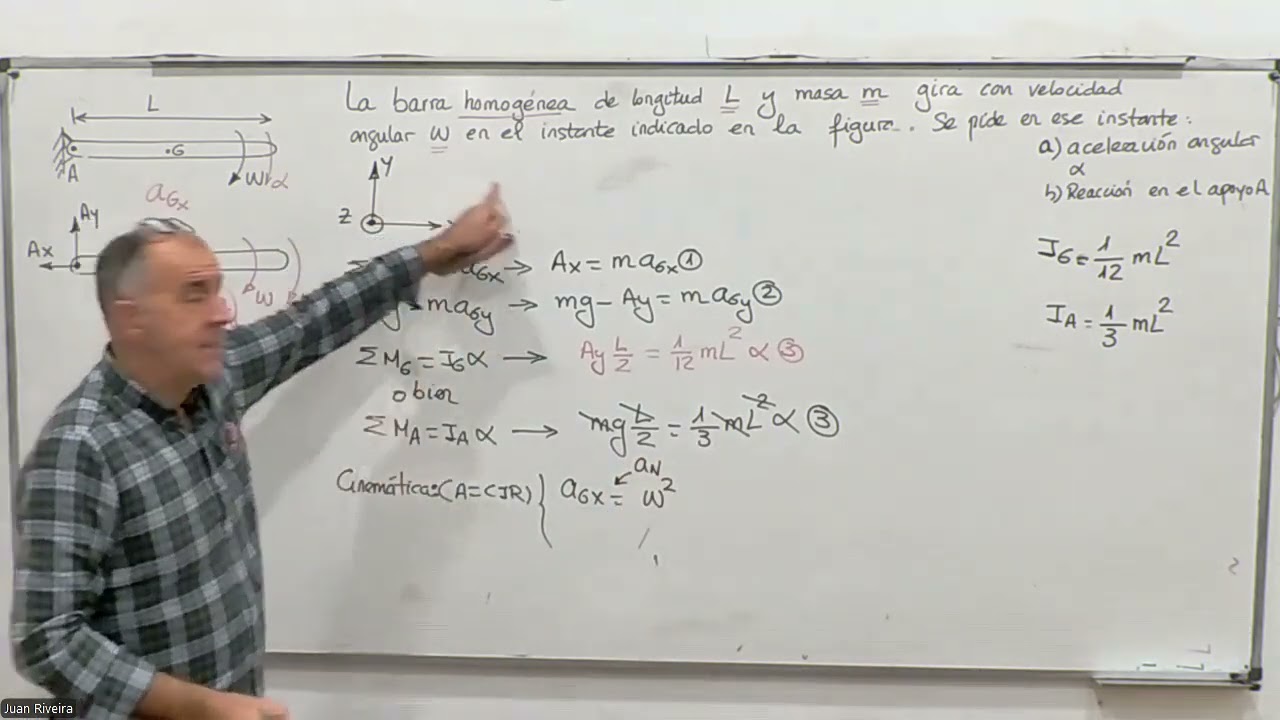 Problema de dinámica rotacional (barra homogenéa con velocidad angular)