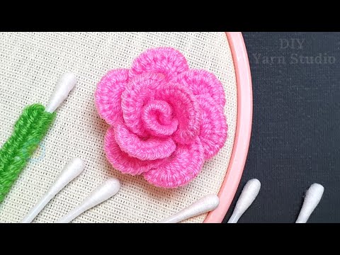 Amazing Trick with Cotton Bud - Easy Woolen Rose Making at Home - No Crochet Flower Woolen Rose