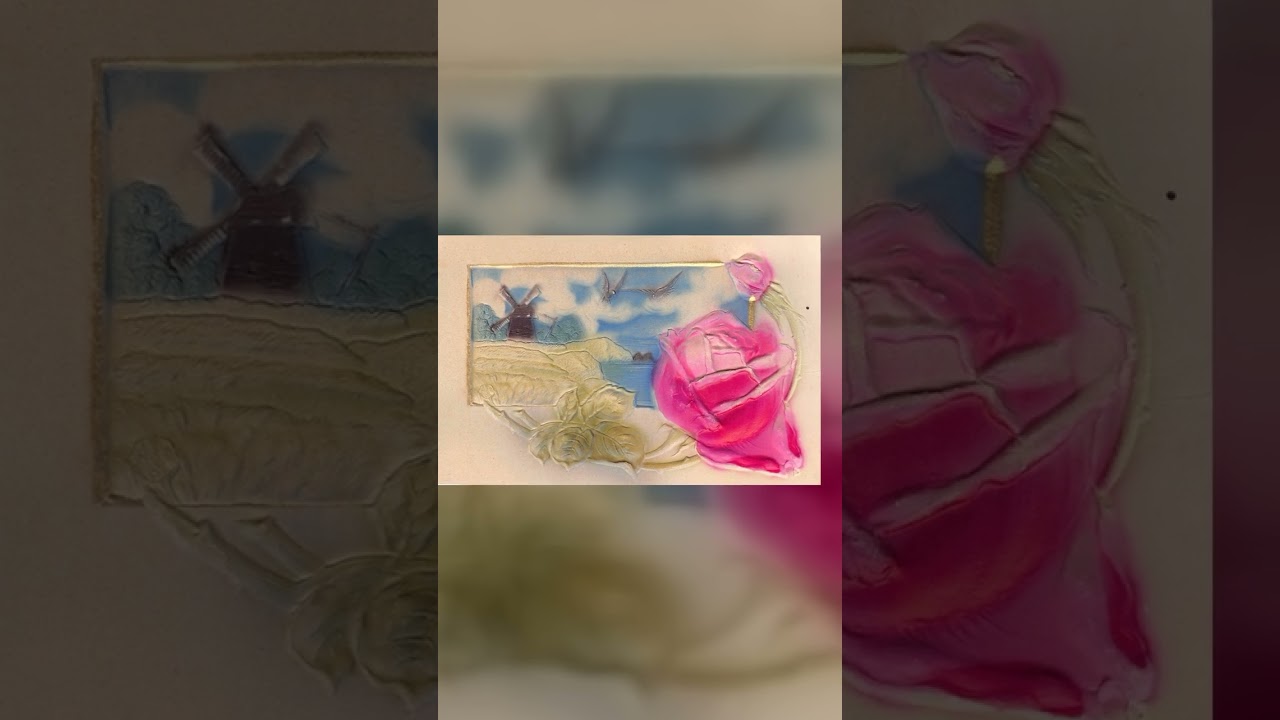 German Embossed Postcard, Windmill and Rose, Early 1900s Video