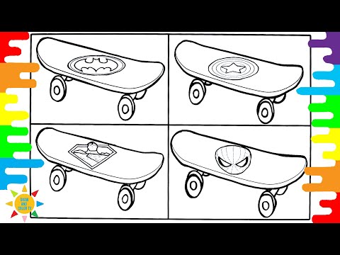 SUPERHEROES Coloring Page|SUPERHEROES on Scateboard|Batman|Captain America|Superman|Spiderman