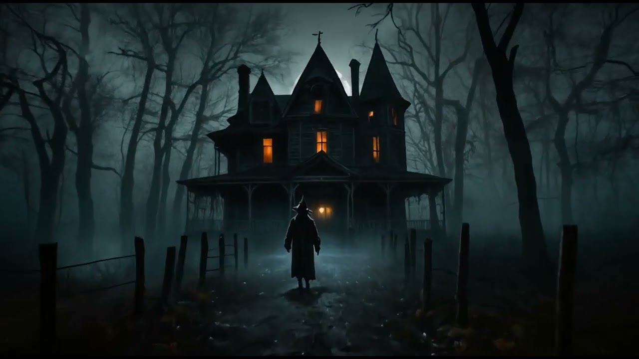 Free Stock Videos - AI animation - Halloween haunted house inside dark forest with full moon