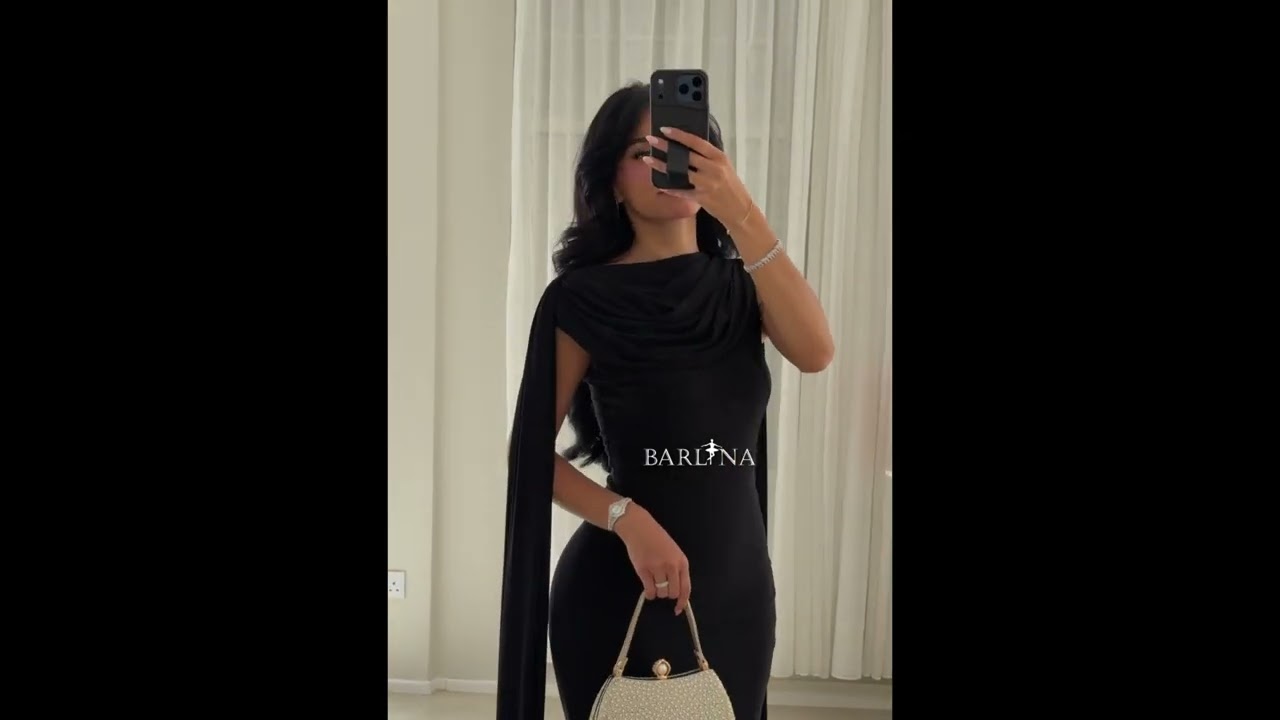 فستان ناعم أسود مع وشاح جانبي فاخر - XXL