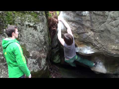 Chloé Caulier and Loïc Timmermans bouldering in Fontainebleau