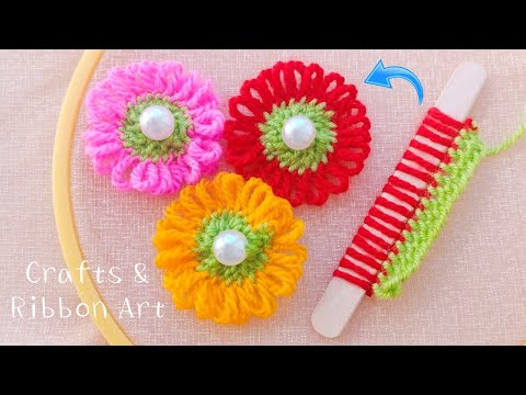 Amazing Woolen Craft Ideas with Ice Cream Stick - Hand Embroidery Easy Trick - DIY Woolen Flowers
