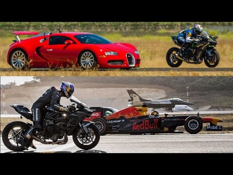 Kawasaki Ninja H2R vs Bugatti Veyron, Nissan GTR | Lamborghini V12 vs Fighter Jet Race | #race