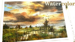 Watercolor painting of a tranquil lakeside scene
