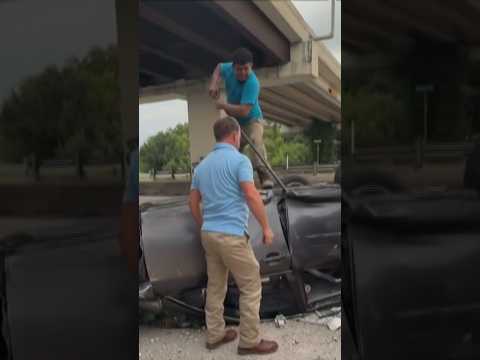 Heroic scenes on highway after car drives off overpass
