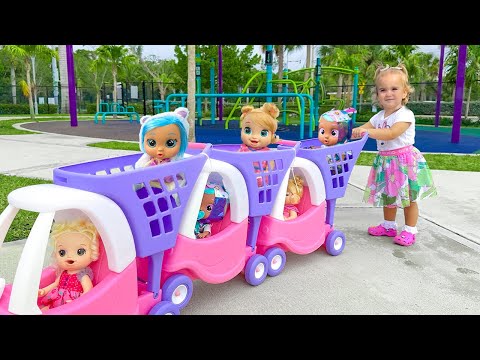 Alice plays hide-and-seek with her dolls in the playground.