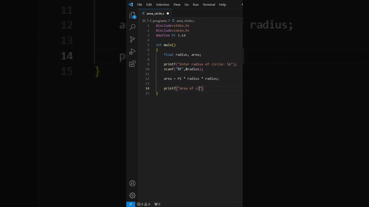Find area of circle in C programming #shorts #coding #viral