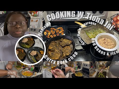 COOK W. TIONA JAI’| THE MOST TENDEREST CURRY PORK CHOPS, GARLIC PARM ASPARAGUS, PLANTAINS & RICE   