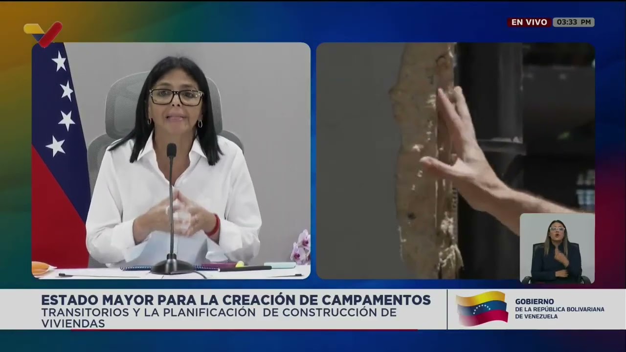 Delcy Rodríguez en reunión del estado Mayor para Campamentos Transitorios, lunes a las 3:30 pm