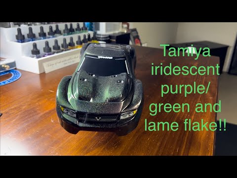 Rc painting Rustler 4x4 Tamiya ps-46 iridescent purple/green with ps-53 lame flake black backed